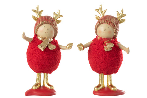 J-Line kerstfiguur Kinderen Gewei - polyresin - rood/goud - large - 2 stuks