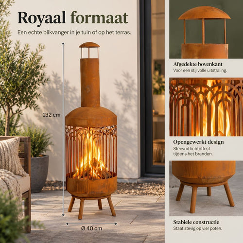 Mica Decorations Vuurkorf Roest - Vuurkorf met Opengewerkt Design van Stevig IJzer - Sfeervolle Tuinhaard met Hoge Schoorsteen voor Terras en Tuin -