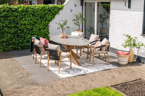 Monti dining fauteuil - light teaklook - rope lava zwart - gobi sand