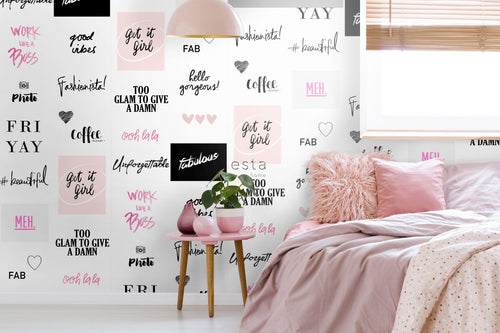 ESTAhome XXL behang hippe quotes zwart, wit en roze - 50 x 900 cm - 158815