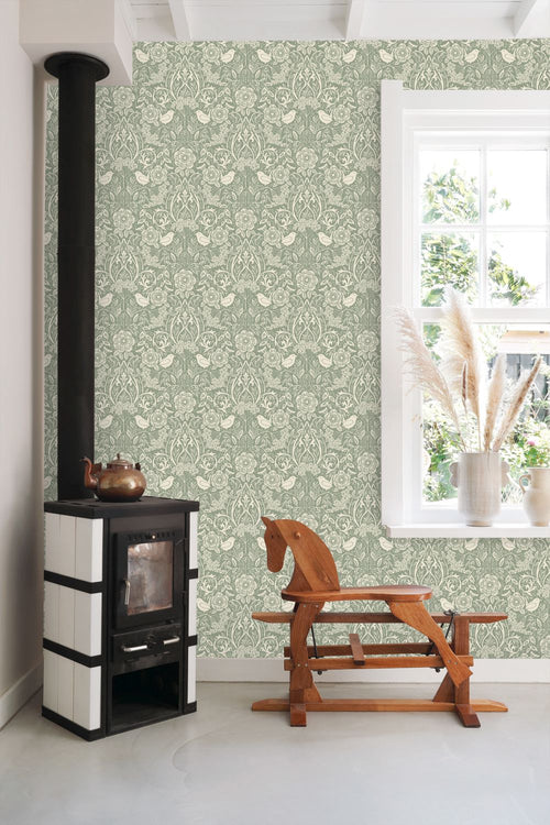 ESTAhome behang bloemen en vogels in art nouveau stijl blauwgroen - 50 x 900 cm - 131990