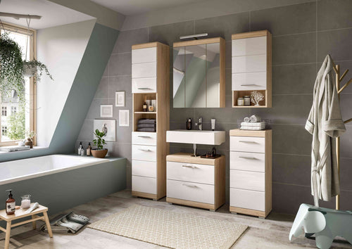 Furnilux Badkamercombinatie In Sonoma Eik Licht En Wit Hoogglans Diepgetrokken - 60cm x 191cm x 37cm - vtwonen shop