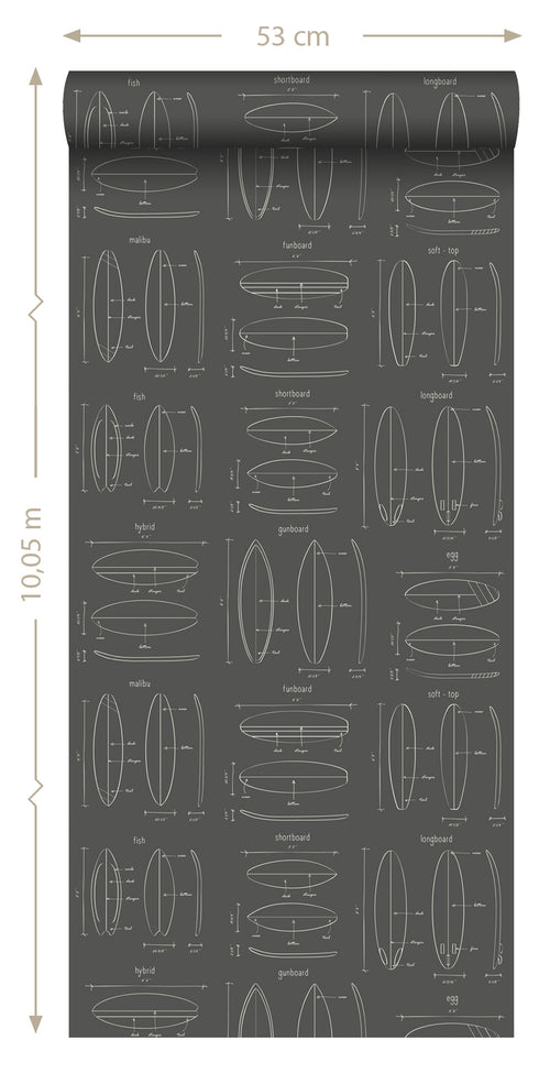 ESTAhome behang technische tekeningen van surfplanken donkergrijs - 53 cm x 10.05 m - 128872