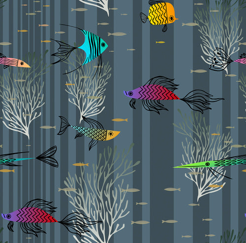 Walls4You behang vissen vergrijsd donker blauw en meerkleurig - 53 cm x 10 m - 640133