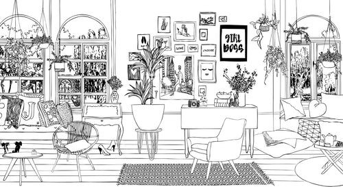 ESTAhome fotobehang tekening woonkamer zwart wit - 511.5 x 279 cm - 159098 - vtwonen shop