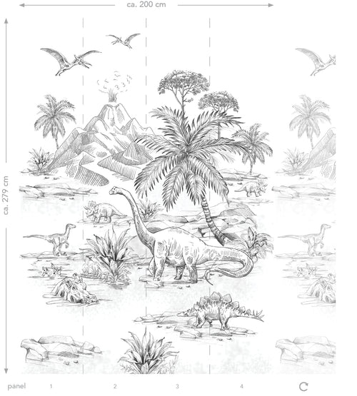 ESTAhome fotobehang dinosaurussen zwart wit - 200 x 279 cm - 159237