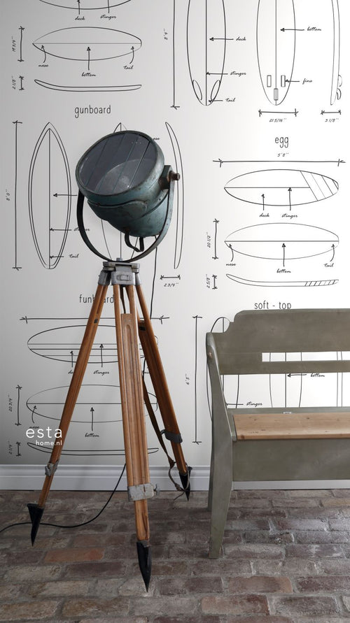 ESTAhome fotobehang technische tekeningen van surfplanken zwart en wit - 200 x 279 cm - 158848 - vtwonen shop