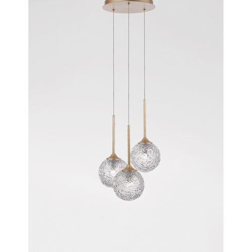Merano Concord 3-lichts cluster hangende plafondlamp Helder gestructureerd glas, geborsteld goud staal LED G9