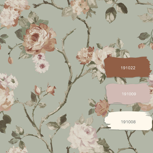 ESTAhome behang vintage bloemen vergrijsd mintgroen en zacht roze - 53 cm x 10.05 m - 139291