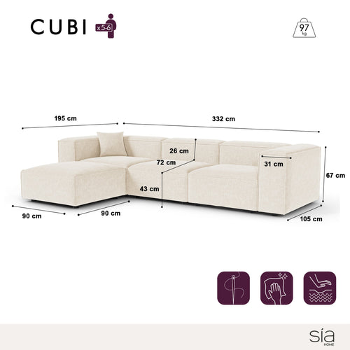 Sia Home - Modulaire hoekbank CUBI - Chenille fluweel - Crème - 332cm