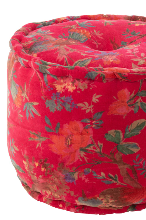 J-Line poef Rond Vogels/Bloemen - katoen/fluweel - roze - vtwonen shop