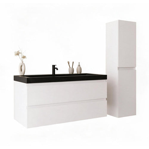 LOMAZOO badmeubelset Avalon - met hoge kast & zwarte wastafel - glanzend wit - 100 cm