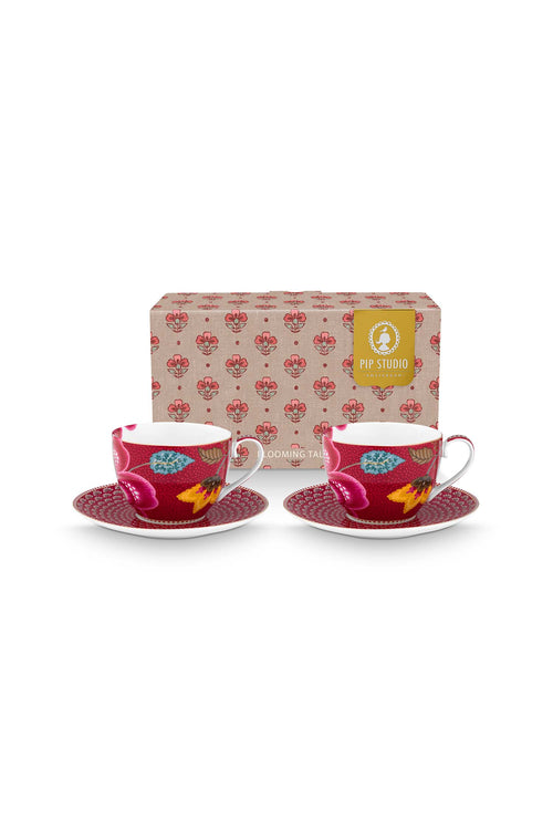 Pip Studio - Blooming Tales Fantasy Dark Red - Set van 2 Koppen en Schotels - Koffiekopjes - 300ml