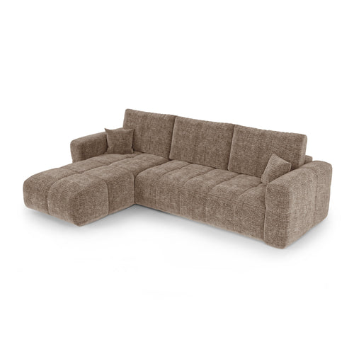 Premium Interiors - Linkshoekbank met slaapfunctie en opbergruimte VIBE - zacht aanvoelende geweven stof bruin 286cm