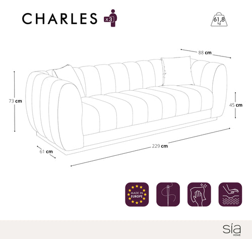 Sia Home - 3-zitsbanken CHARLES - Fluweel weefsel - Crème - 88cm