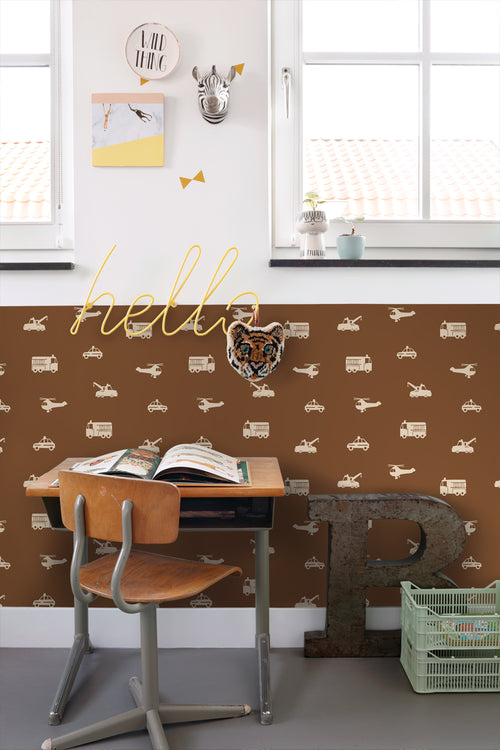 ESTAhome behang auto's, brandweerauto's, helikopters en kranen bruin - 50 x 900 cm - 131453 - vtwonen shop