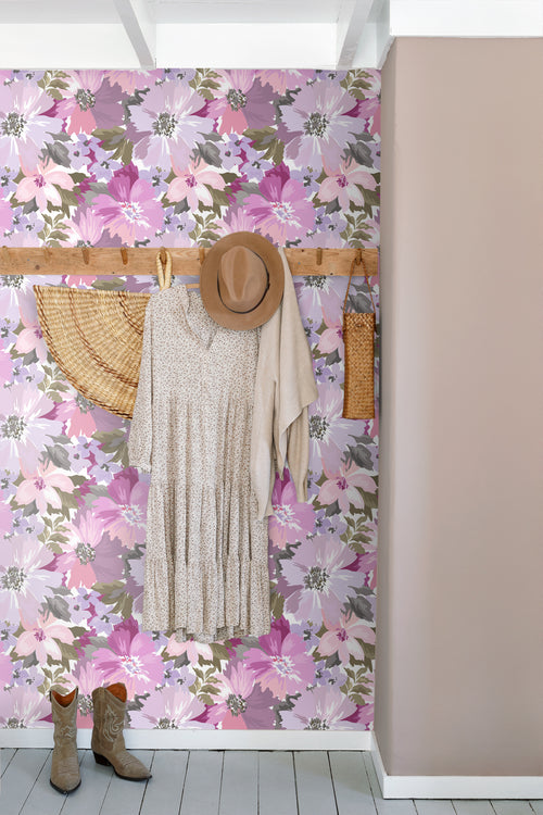 ESTAhome behang bloemen lila paars en olijfgroen - 50 x 900 cm - 131263 - vtwonen shop