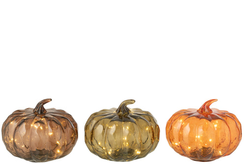 J-Line decoratie Pompoen - glas - cognac/olijfgroen - 3 stuks - LED lichtjes - vtwonen shop
