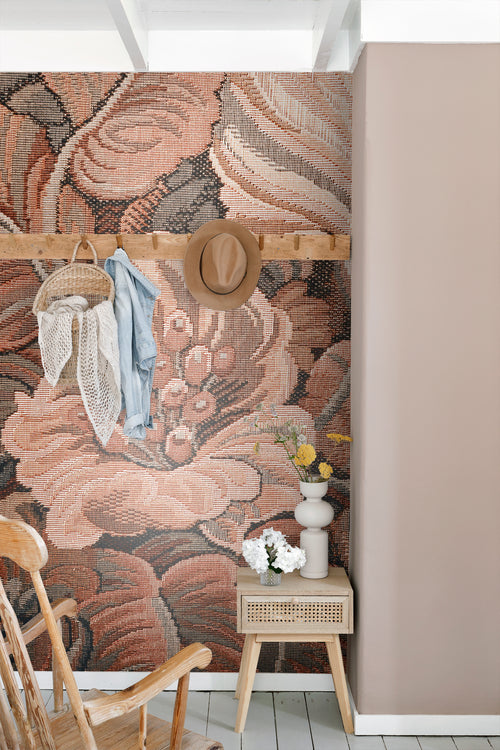 ESTAhome fotobehang geborduurd bloemmotief terracotta bruin - 186 x 279 cm - 159507 - vtwonen shop