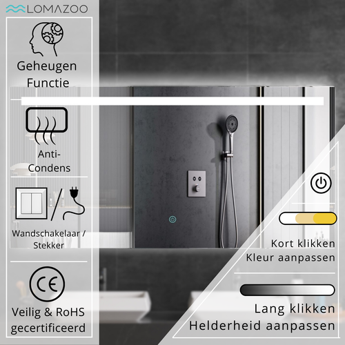 LOMAZOO badkamerspiegel Houston - met LED verlichting & anti condens - rechthoekig - 120 x 60 cm
