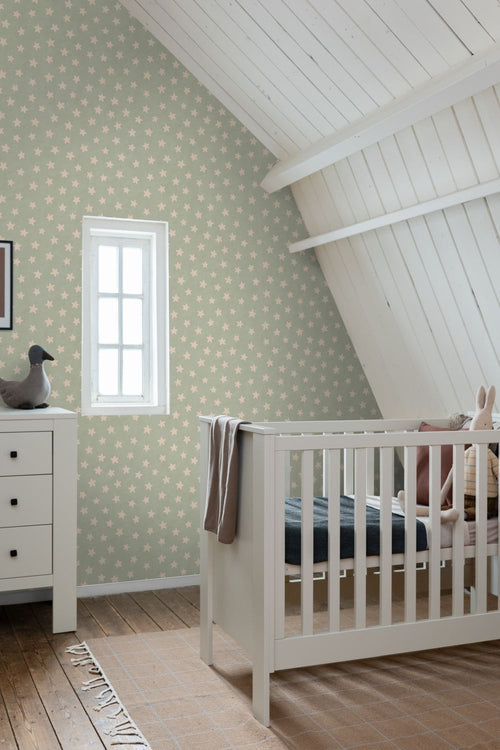 ESTAhome behang sterretjes groen en beige - 50 x 900 cm - 131709