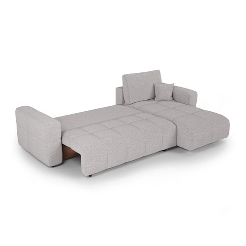 Premium Interiors - Rechthoekige hoekbank met slaapfunctie en opbergruimte VIBE - bouclé-stof lichtgrijs 286cm