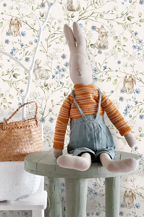 ESTAhome behang toile de jouy konijnen beige, groen, blauw en wit - 53 cm x 10.05 m - 131138