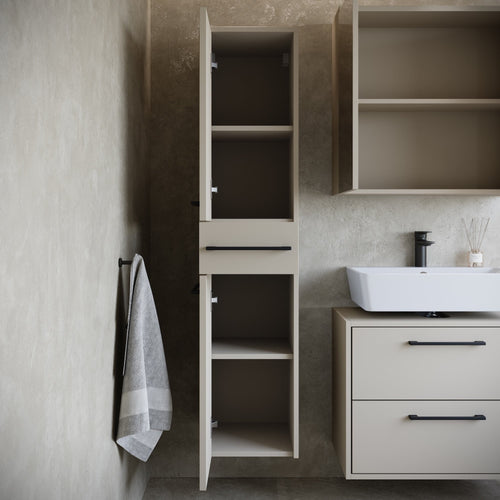 Badplaats Wastafelkast Set Florence 60 x 35 cm – Beige – Badmeubel met Spiegelkast en Kolomkast