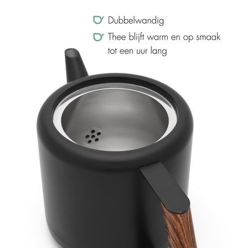 Bredemeijer - Dubbelwandige theepot Duet Design Boston - 1,1 liter - RVS - Mat zwart