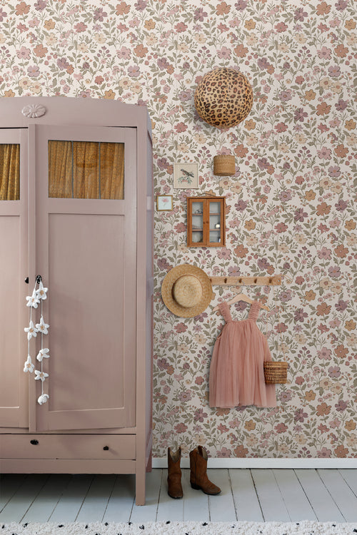 ESTAhome behang bloemetjes mauve paars, vergrijsd groen en terracotta - 53 cm x 10.05 m - 131328 - vtwonen shop