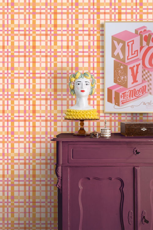 ESTAhome behang ruitjes paars en oranje - 50 x 900 cm - 132049