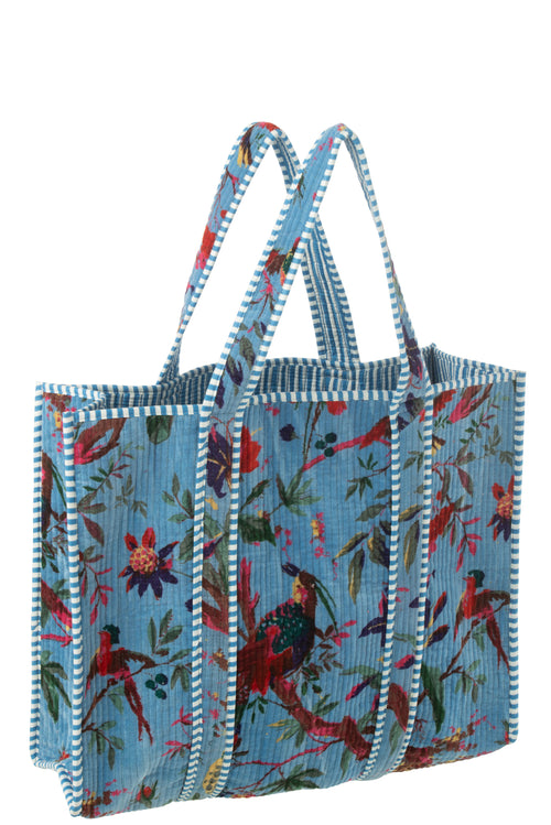 J-Line tas Vogels/Bloemen - katoen/fluweel - blauw