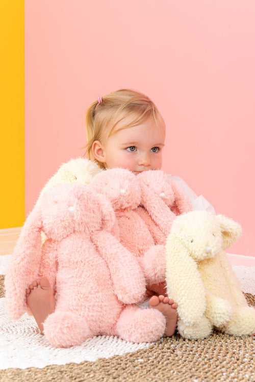 J-Line knuffelbeer Konijn - polyester - roze/geel - small - set van 2