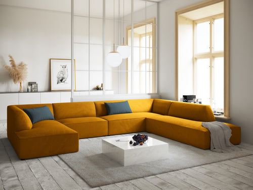 Micadoni Panoramische hoekbank rechts Ruby 7-zits, ribfluwelen, geel - 273x366x69cm
