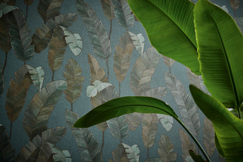 Livingwalls behang bladeren petrolblauw, groen en bruin - 53 cm x 10.05 m - AS-392183