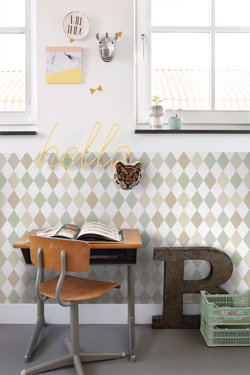 ESTAhome behang ruitjes beige, blauw en groen - 50 x 900 cm - 131760