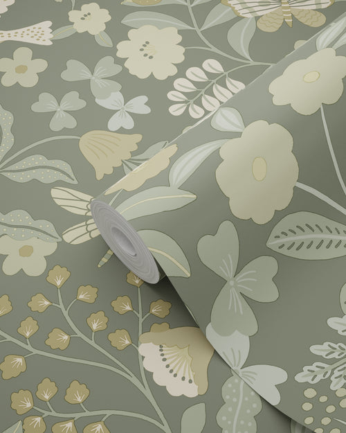 ESTAhome behang bloemen en vogels vergrijsd groen - 50 x 900 cm - 131465 - vtwonen shop