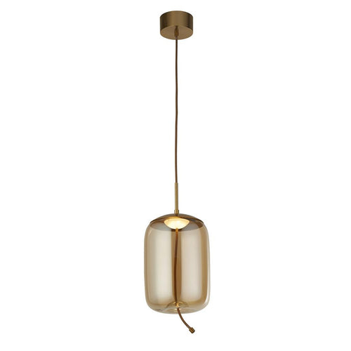 Searchlight Lisbon 1 LED hanglamp, gesatineerd messing en amberkleurig glas 2700K