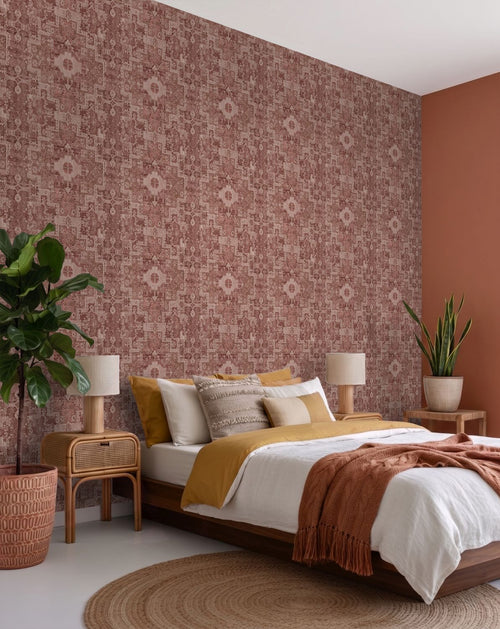 ESTAhome behang oosters kelim tapijt donker terracotta roze - 50 x 900 cm - 131364