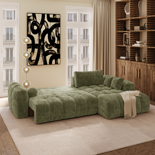 Premium Interiors - Rechthoekige hoekbank met slaapfunctie en opbergruimte SKY - gewaafd fluweel vintage groen 310cm
