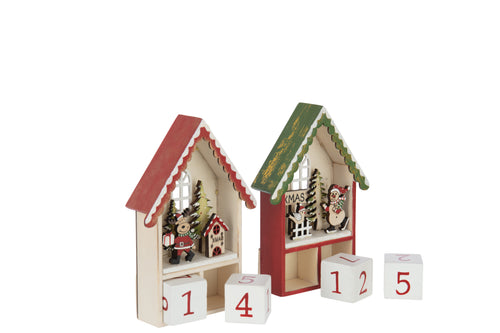 J-Line decoratie Huis Adventskalender - multiplex - rood/donkergroen - 2 stuks - LED