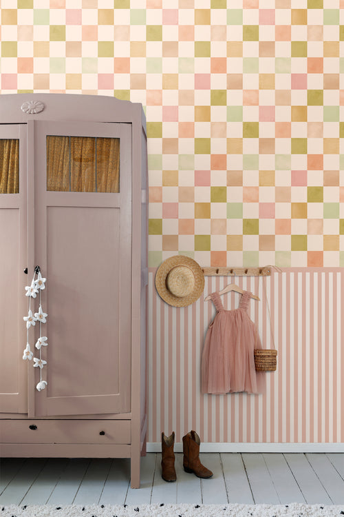 ESTAhome behang geblokt motief beige, roze en groen - 50 x 900 cm - 131721