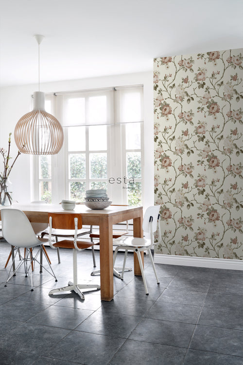 ESTAhome behang vintage bloemen gebroken wit en oudroze - 53 cm x 10.05 m - 139406