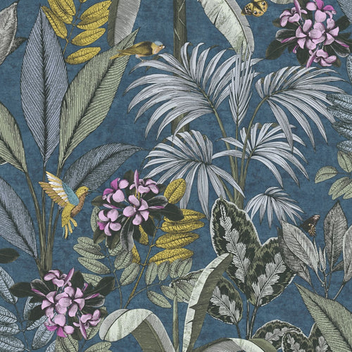 Livingwalls behang bosrijk landschap blauw, groen, geel en roze - 53 cm x 10.05 m - AS-387383