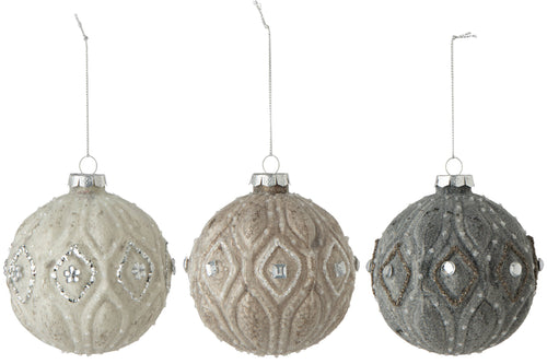 J-Line Kerstbal - glas - ecru/grijs - large - assortiment van 3