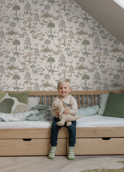 ESTAhome behang dinosaurussen grijs en groen - 50 x 900 cm - 132174