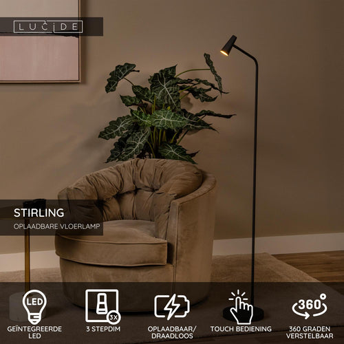Lucide vloerlamp STIRLING - Geïntegreerde LED - Zwart