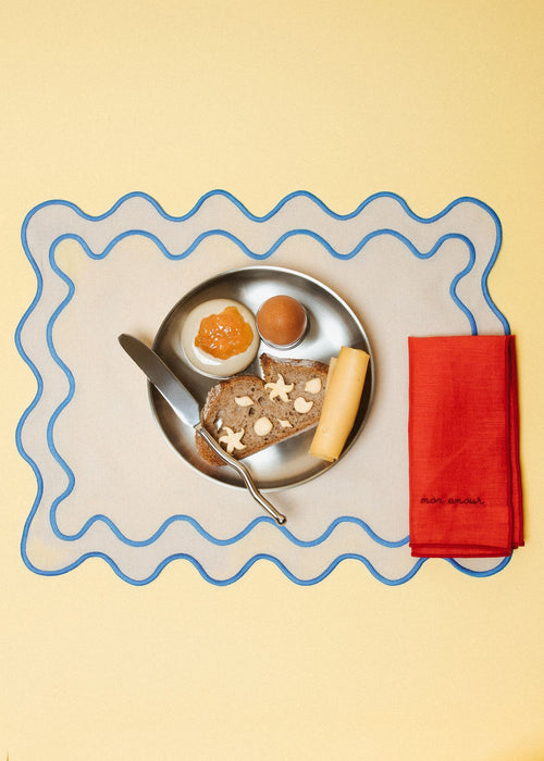 Kulu Club placemats Wavy - linnenmix - beige/blauw - set van 2