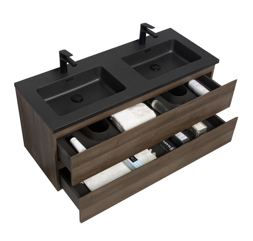 Badplaats Badkamermeubel Set Angela 120 cm – Bruin Eiken – Badmeubel met Zwarte Wastafel