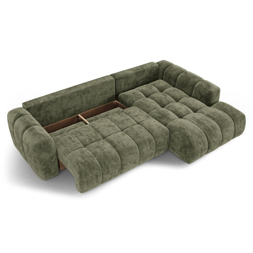 Premium Interiors - Rechthoekige hoekbank met slaapfunctie en opbergruimte SKY - gewaafd fluweel vintage groen 310cm